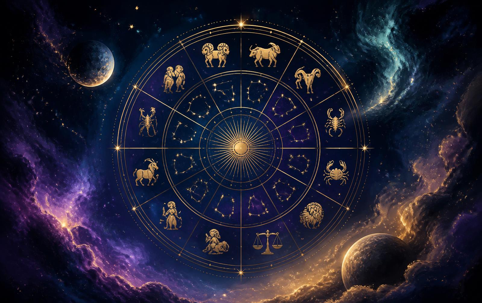Roda zodiacal dourada sobre um céu estrelado com nebulosas